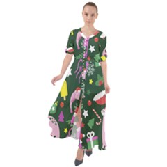 Dinosaur Colorful Funny Christmas Pattern Waist Tie Boho Maxi Dress