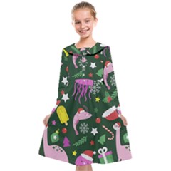 Dinosaur Colorful Funny Christmas Pattern Kids  Midi Sailor Dress
