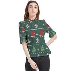 Beautiful Knitted Christmas Pattern Frill Neck Blouse