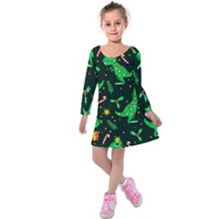 Christmas Funny Pattern Dinosaurs Kids  Long Sleeve Velvet Dress