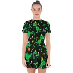 Christmas Funny Pattern Dinosaurs Drop Hem Mini Chiffon Dress by Uceng