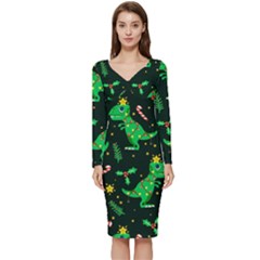 Christmas Funny Pattern Dinosaurs Long Sleeve V-neck Bodycon Dress  by Uceng