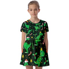 Christmas Funny Pattern Dinosaurs Kids  Short Sleeve Pinafore Style Dress by Uceng