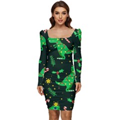 Christmas Funny Pattern Dinosaurs Women Long Sleeve Ruched Stretch Jersey Dress by Uceng