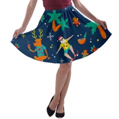 Colorful Funny Christmas Pattern A-line Skater Skirt