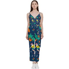 Colorful Funny Christmas Pattern V-neck Spaghetti Strap Tie Front Jumpsuit