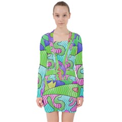 Colorful stylish design V-neck Bodycon Long Sleeve Dress