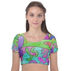 Colorful stylish design Velvet Short Sleeve Crop Top 