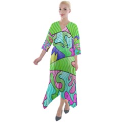 Colorful stylish design Quarter Sleeve Wrap Front Maxi Dress