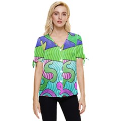 Colorful Stylish Design Bow Sleeve Button Up Top by gasi