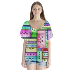 Colorful Pattern V-neck Flutter Sleeve Top by gasi