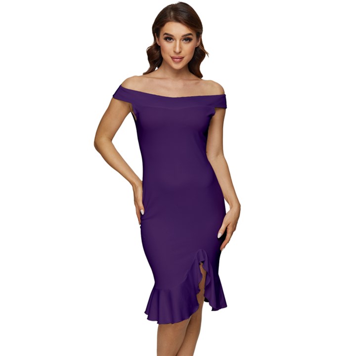 Deep Purple Dream Off Shoulder Ruffle Split Hem Bodycon Dress