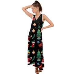 Christmas Pattern V-Neck Chiffon Maxi Dress