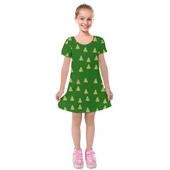 Green Christmas Trees Green Kids  Short Sleeve Velvet Dress