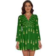 Green Christmas Trees Green Long Sleeve V-neck Chiffon Dress  by TetiBright