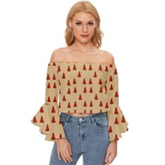 Red Christmas Tree Brown Off Shoulder Flutter Bell Sleeve Top by TetiBright