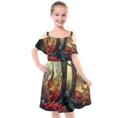 Abstract Texture Forest Trees Fruits Nature Leaves Kids  Cut Out Shoulders Chiffon Dress by Pakemis