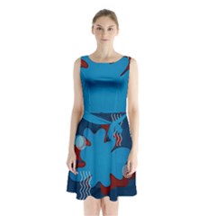 Background Abstract Design Blue Sleeveless Waist Tie Chiffon Dress