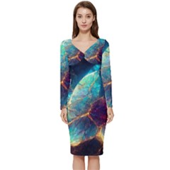 Abstract Galactic Long Sleeve V-neck Bodycon Dress 