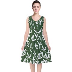 Leaves Pattern Wallpaper Watercolor V-neck Midi Sleeveless Dress  by Ravend