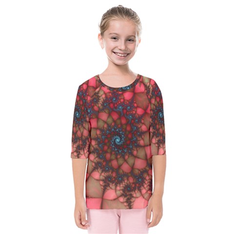 Fractals Abstract Art Red Spiral Kids  Quarter Sleeve Raglan Tee by Ravend