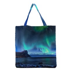 Green Aurora Lights-over Rocky Shore During Night Time Grocery Tote Bag by danenraven