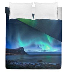 Green Aurora Lights-over Rocky Shore During Night Time Duvet Cover Double Side (queen Size) by danenraven