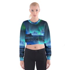 Green Aurora Lights-over Rocky Shore During Night Time Cropped Sweatshirt by danenraven