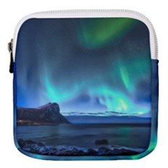 Green Aurora Lights-over Rocky Shore During Night Time Mini Square Pouch by danenraven