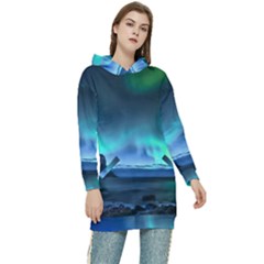 Green Aurora Lights-over Rocky Shore During Night Time Women s Long Oversized Pullover Hoodie