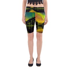 Scenic View Of Aurora Borealis Stretching Over A Lake At Night Yoga Cropped Leggings by danenraven