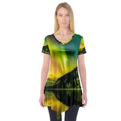Scenic View Of Aurora Borealis Stretching Over A Lake At Night Short Sleeve Tunic  by danenraven