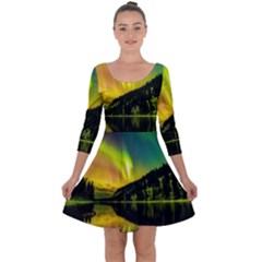 Scenic View Of Aurora Borealis Stretching Over A Lake At Night Quarter Sleeve Skater Dress by danenraven