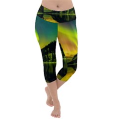 Scenic View Of Aurora Borealis Stretching Over A Lake At Night Lightweight Velour Capri Yoga Leggings by danenraven