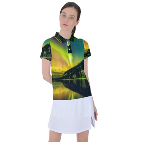 Scenic View Of Aurora Borealis Stretching Over A Lake At Night Women s Polo Tee by danenraven