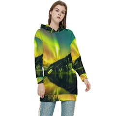 Scenic View Of Aurora Borealis Stretching Over A Lake At Night Women s Long Oversized Pullover Hoodie by danenraven