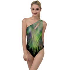 Aurora Borealis In Sky Over Forest To One Side Swimsuit by danenraven