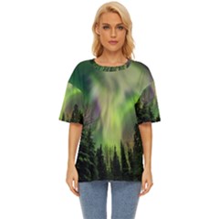 Aurora Borealis In Sky Over Forest Oversized Basic Tee by danenraven