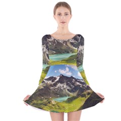 Aerial View Of Mountain And Body Of Water Long Sleeve Velvet Skater Dress by danenraven