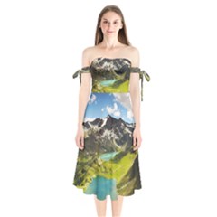 Aerial View Of Mountain And Body Of Water Shoulder Tie Bardot Midi Dress by danenraven