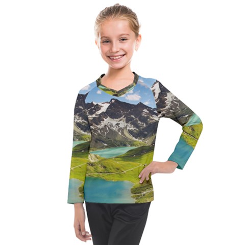 Aerial View Of Mountain And Body Of Water Kids  Long Mesh Tee by danenraven