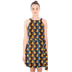 Colorful Triangles On Black Halter Collar Waist Tie Chiffon Dress by FunDressesShop