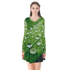 Green Water Leaf Long Sleeve V-neck Flare Dress by artworkshop