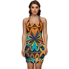 Orange, Turquoise And Blue Pattern  Sleeveless Wide Square Neckline Ruched Bodycon Dress by Sobalvarro