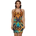 Orange, turquoise and blue pattern  Sleeveless Wide Square Neckline Ruched Bodycon Dress View1