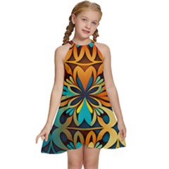 Orange, Turquoise And Blue Pattern  Kids  Halter Collar Waist Tie Chiffon Dress by Sobalvarro