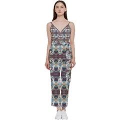 Multicolored Ornate Decorate Pattern V-neck Spaghetti Strap Tie Front Jumpsuit