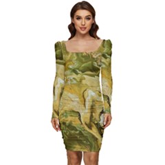 Kaleido Art Gold Women Long Sleeve Ruched Stretch Jersey Dress by kaleidomarblingart