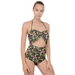 Forest Leaves Pattern Scallop Top Cut Out Swimsuit
