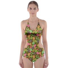 Forest Leaves Pattern Brown Cut-out One Piece Swimsuit